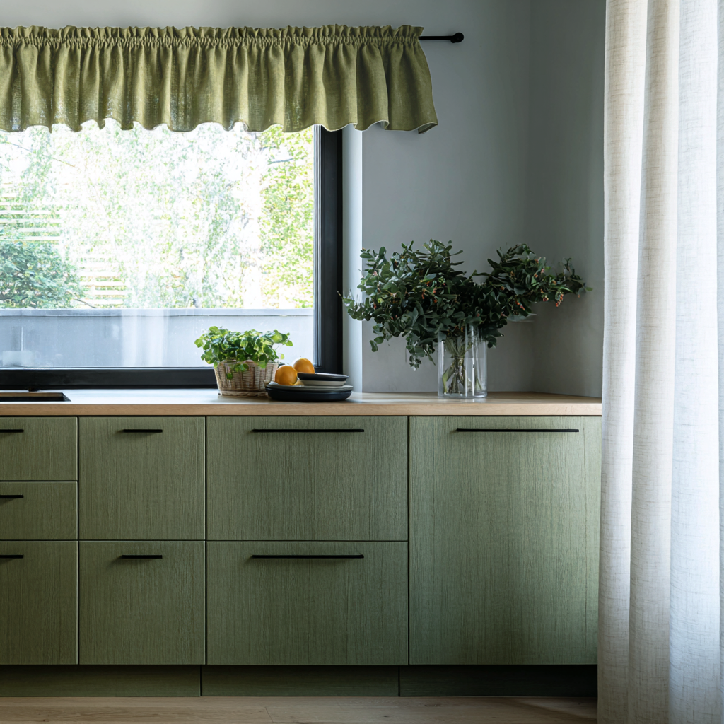 Olive Green Linen Kitchen Valance - Cotton Lining