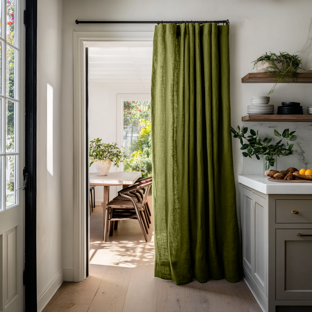 Moss Green Linen Doorway Curtains with Multitape