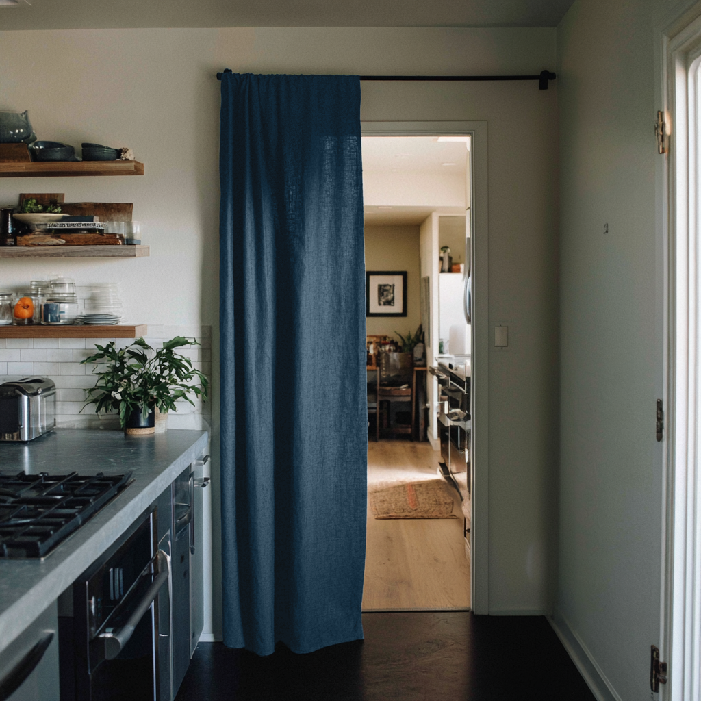Peacock Blue Linen Doorway Curtains with Multitape