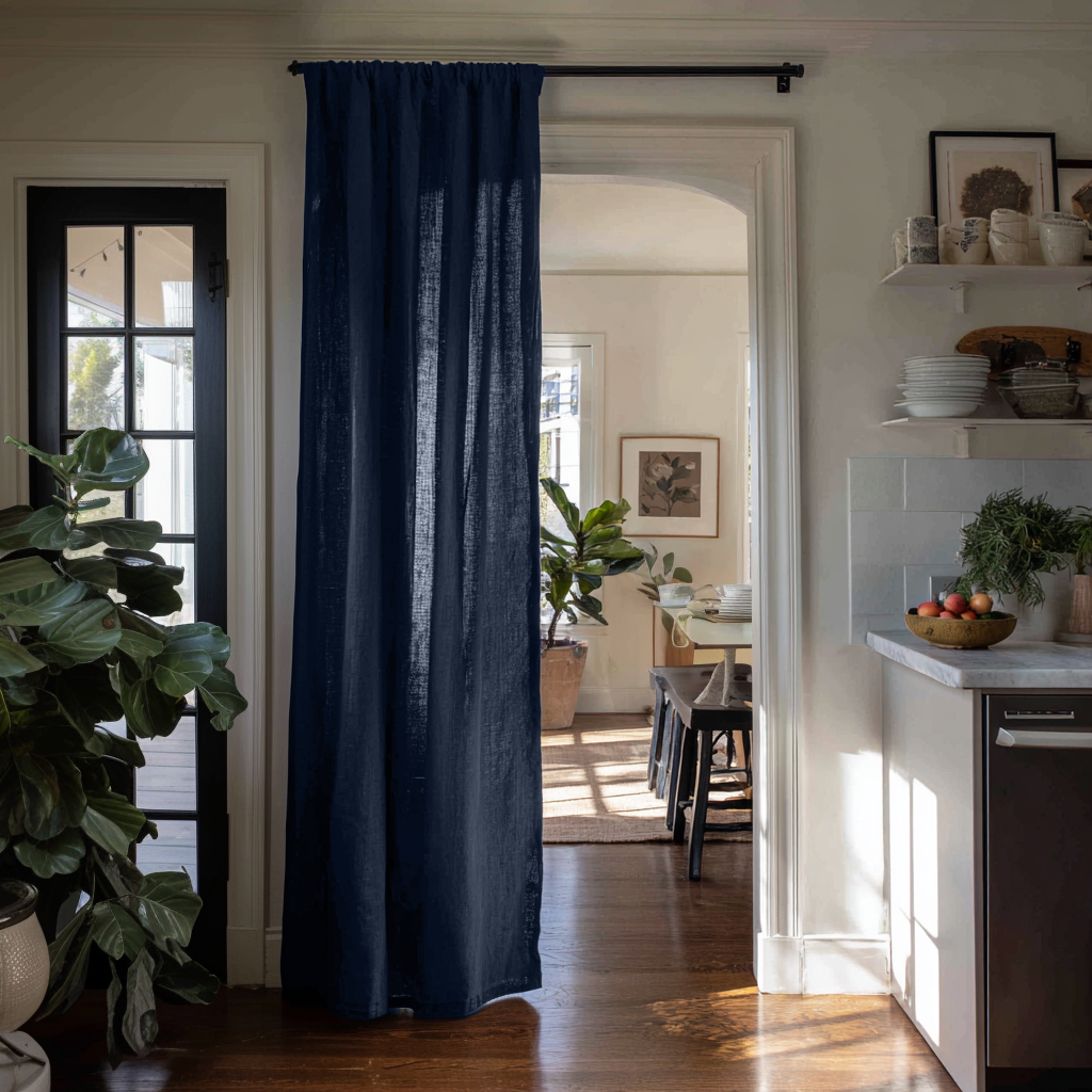 Royal Blue Linen Doorway Curtains with Multitape