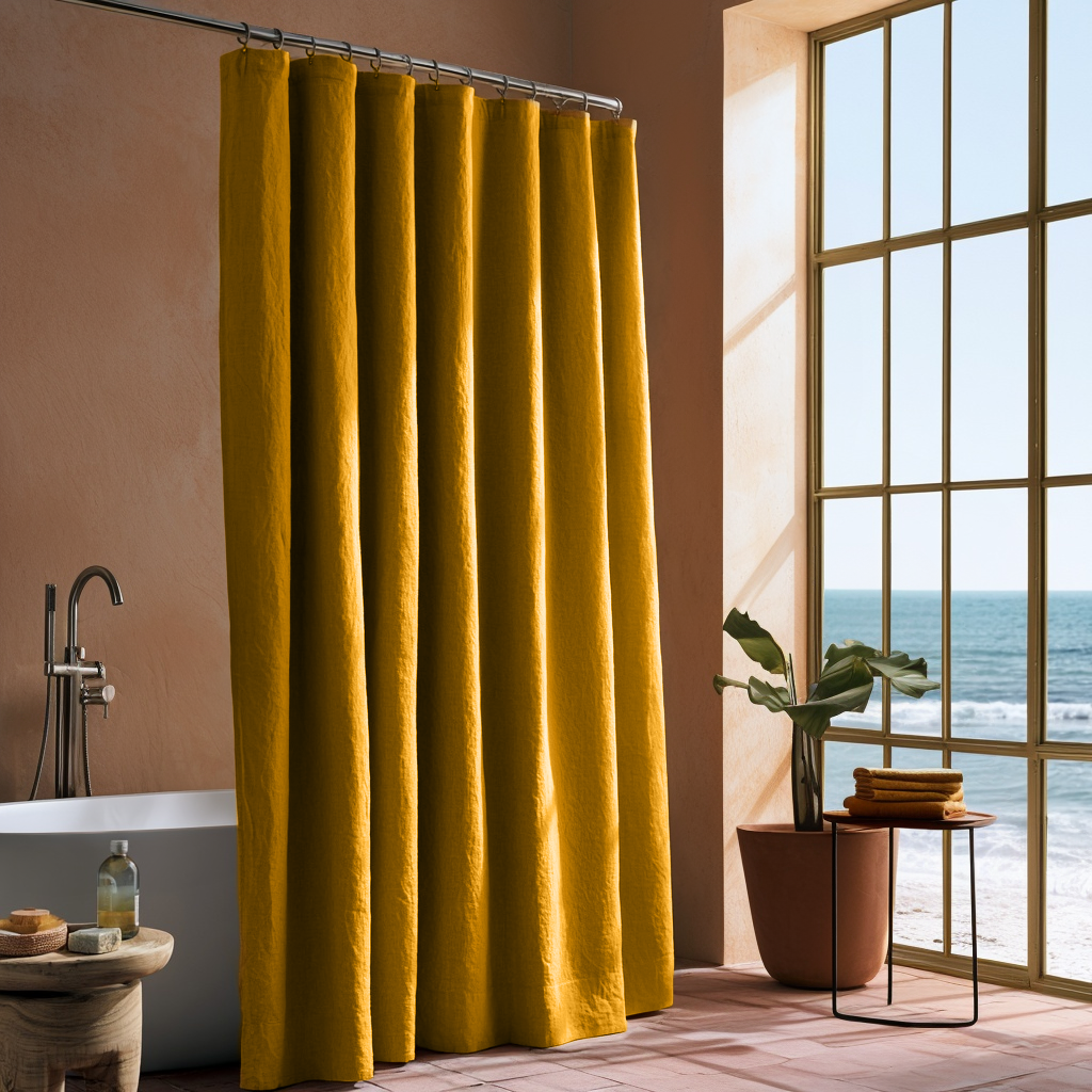 Linen Mustard Yellow Button-Hole Top Shower Curtain in a Modern Bathroom