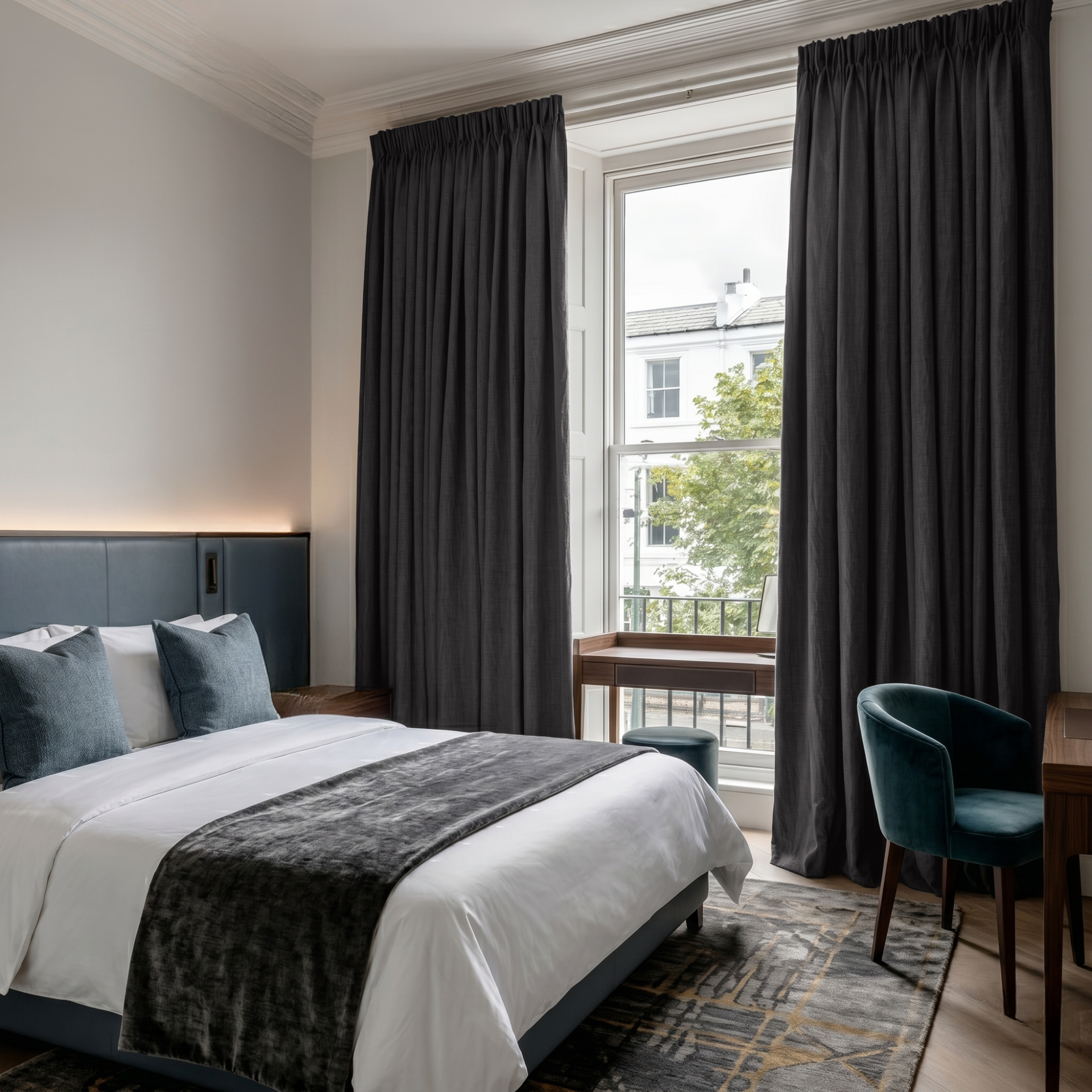 Charcoal Grey Linen Pencil Pleat Curtains in a Contemporary Bedroom - Blackout Lining