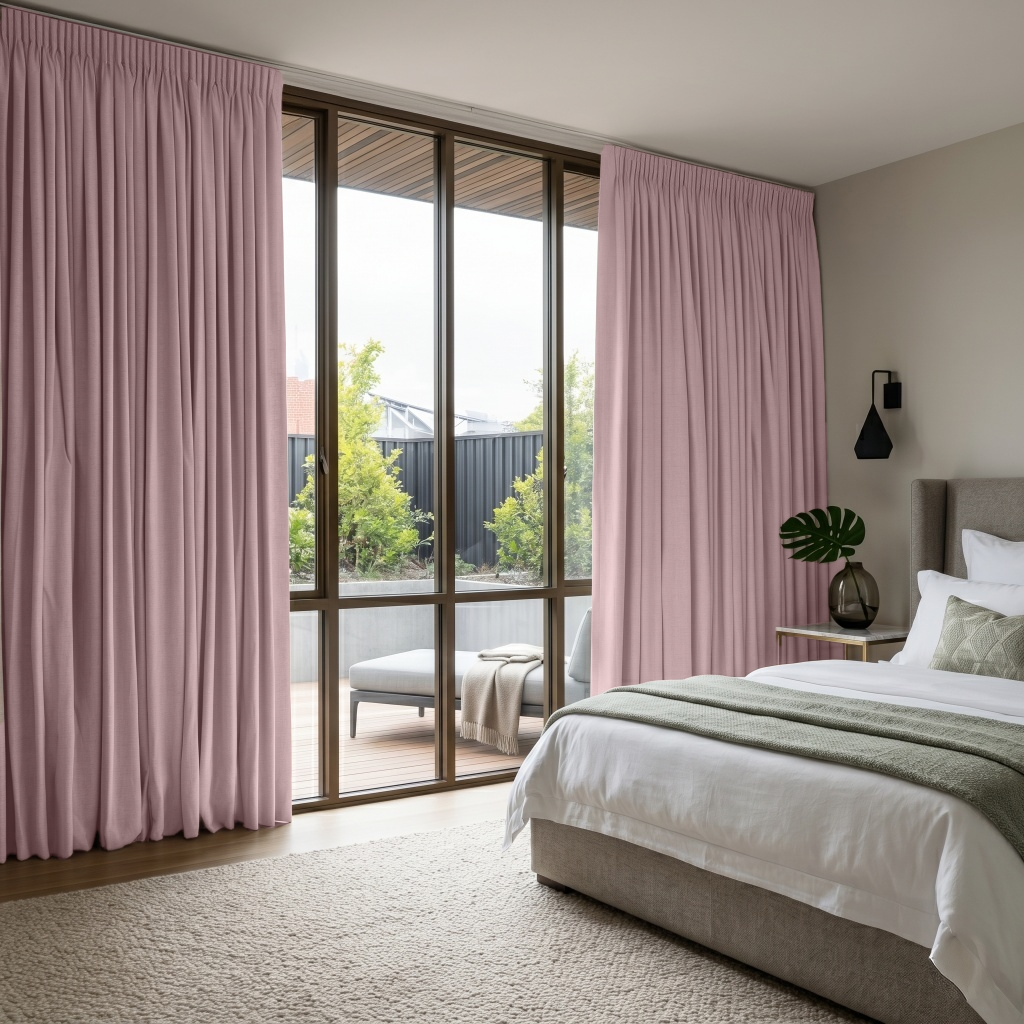 Dusty Pink Linen Pencil Pleat Curtains in a Contemporary Bedroom with Green Details - Blackout Lining