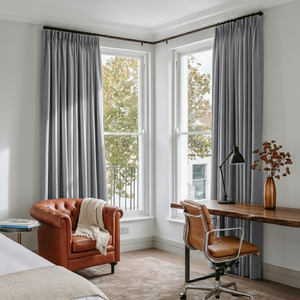 Stone Grey Linen Pencil Pleat Curtains in a Crisp White Bedroom with Light Wood Accents and a Cozy Reading Corner - Blackout Lining