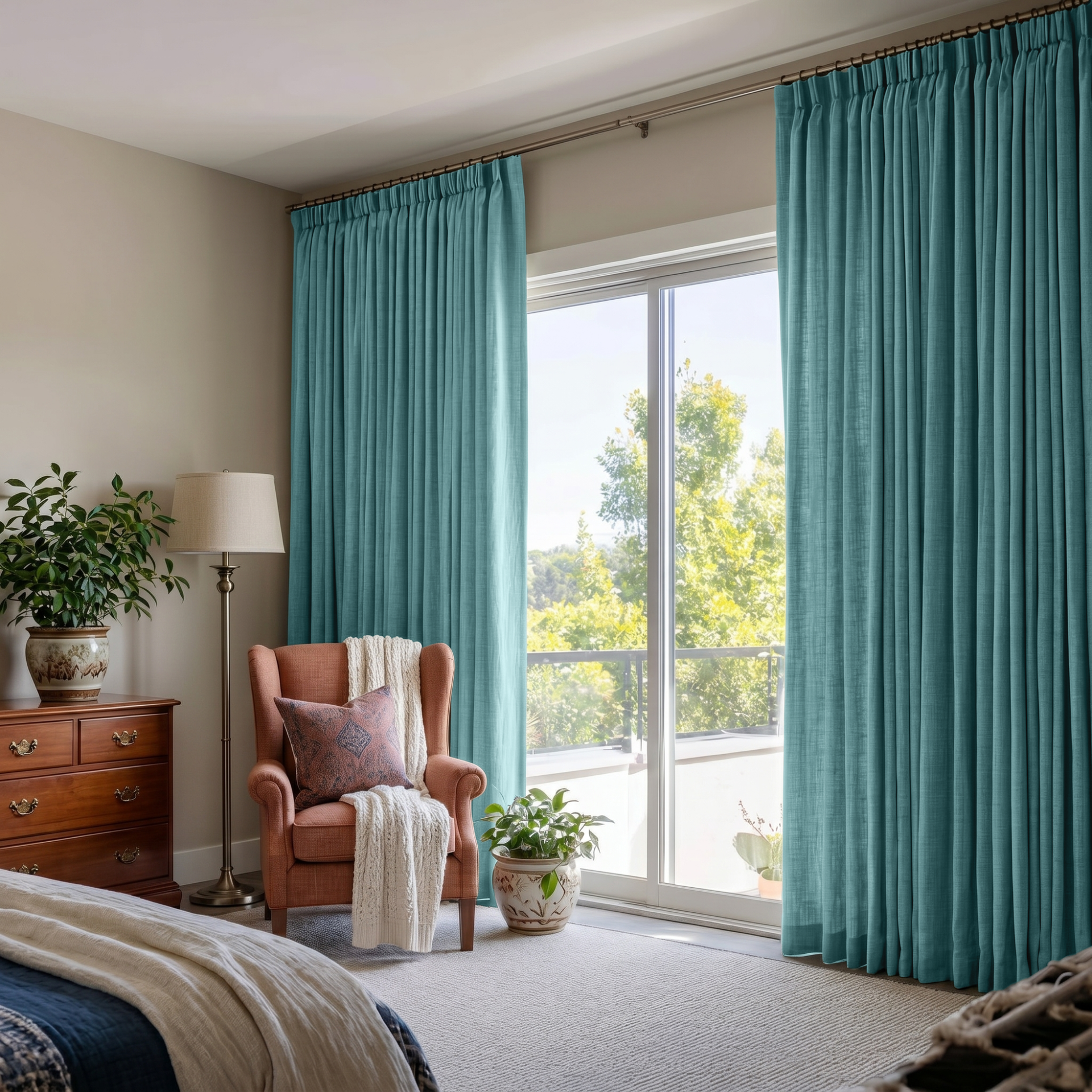 Aquamarine Blue Linen Pencil Pleat Curtains in a Light Neutral Bedroom - Cotton Lining