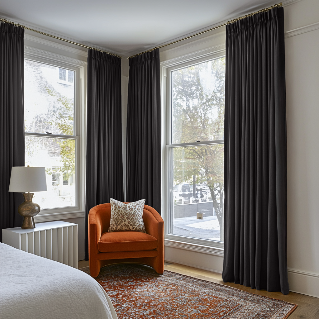 Charcoal Grey Linen Pencil Pleat Curtains in a Classic Bedroom with White Walls and Warm Rust Accents - Cotton Lining