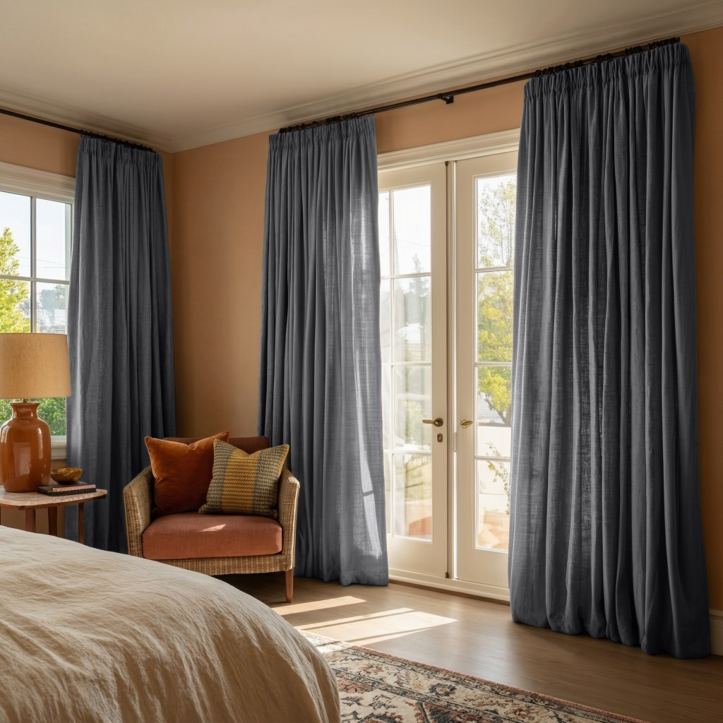 Dim Grey Linen Pencil Pleat Curtains in a Warm Beige Bedroom