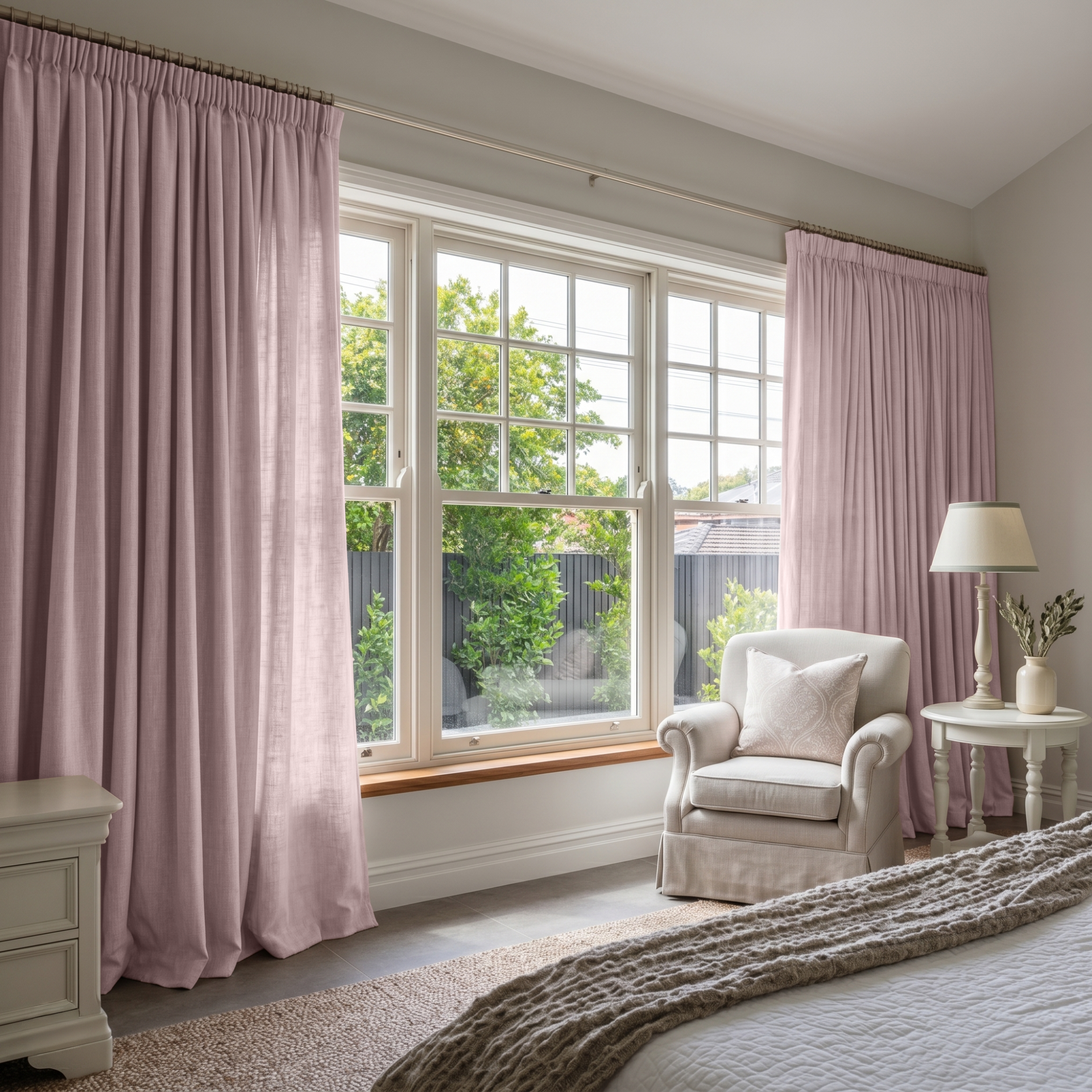 Dusty Pink Linen Pencil Pleat Curtains in a Bright Bedroom with White Walls - Cotton Lining
