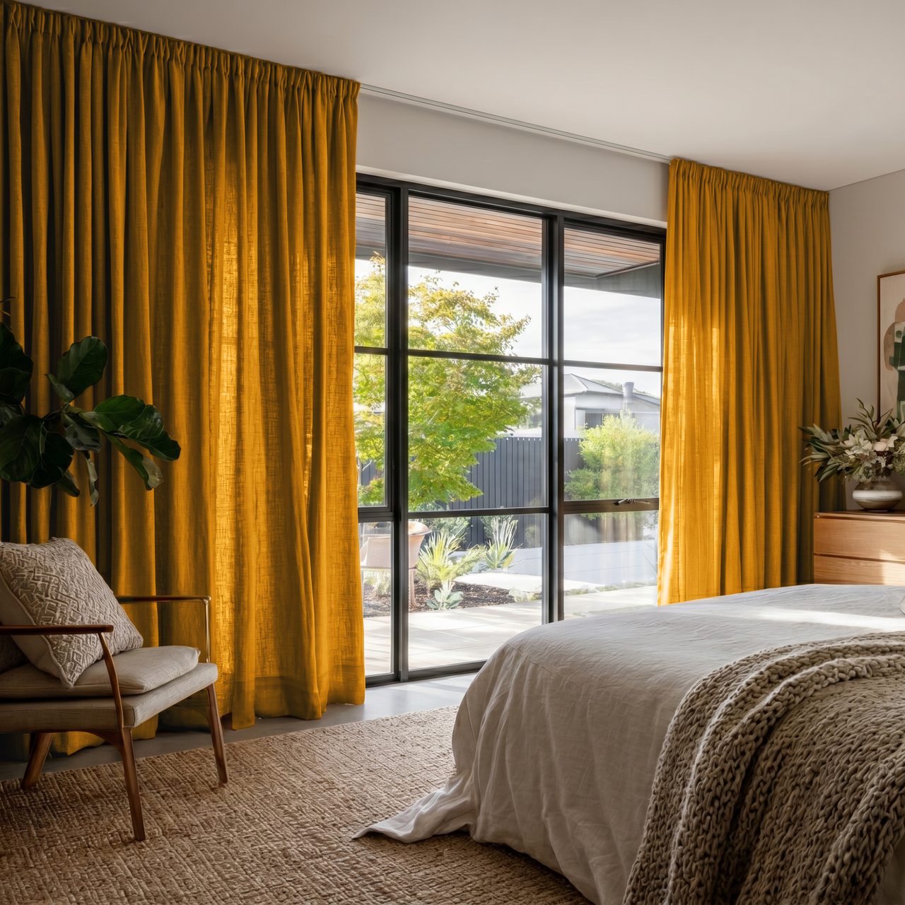 Mustard Yellow Linen Pencil Pleat Bedroom Curtains in a Warm Contemporary Bedroom with Natural Wood Furniture