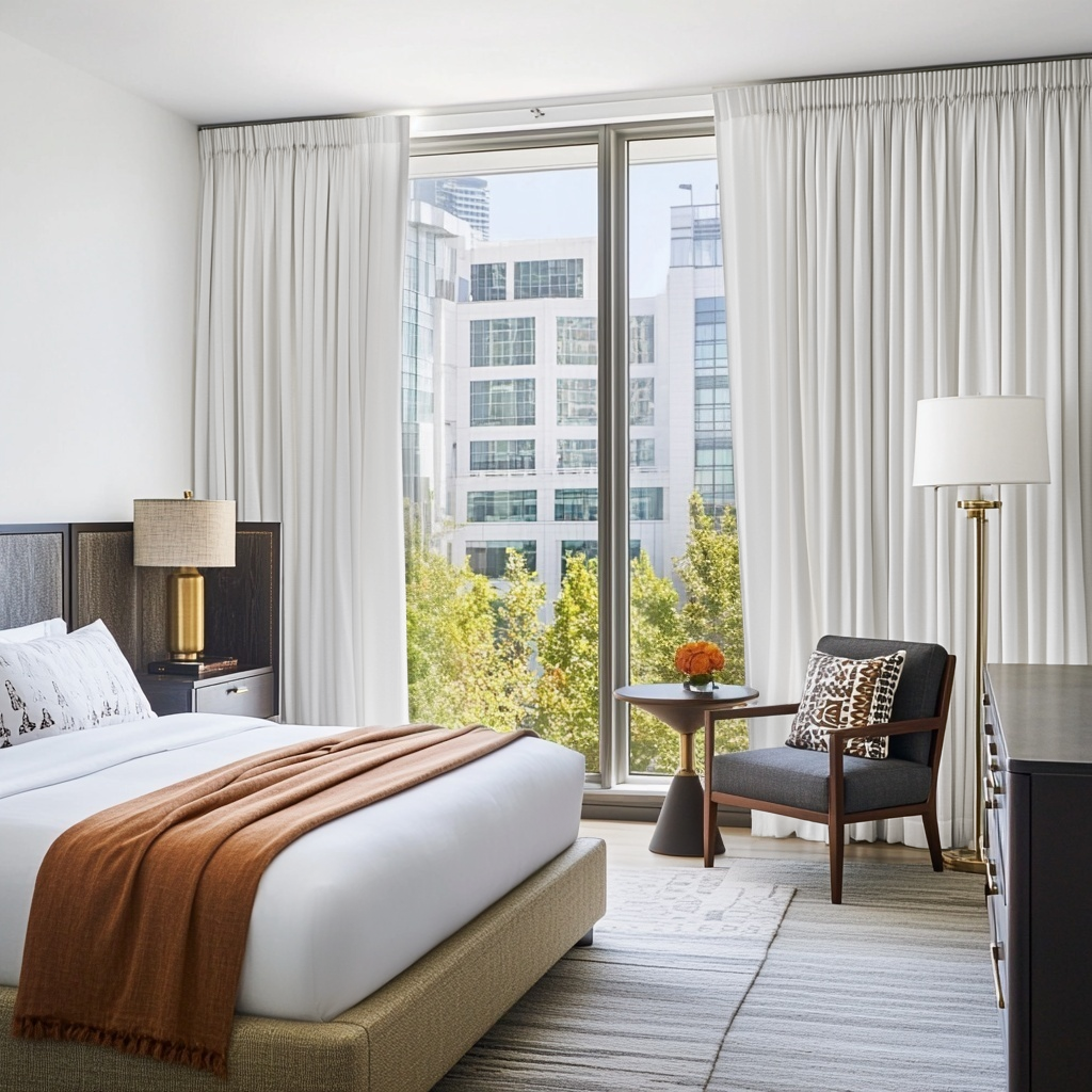 Off-White Linen Pencil Pleat Curtains in a Bright Modern Bedroom - Cotton Lining
