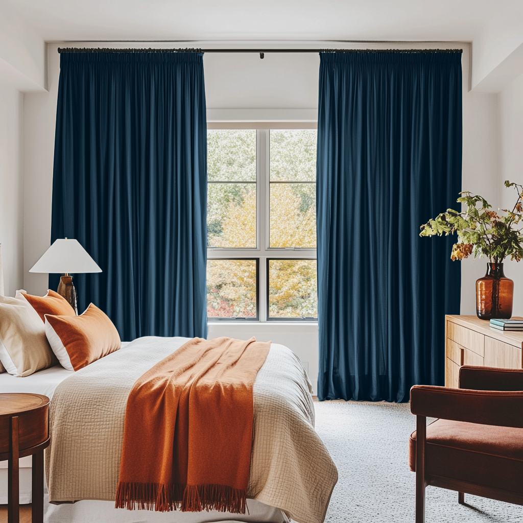 Peacock Blue Linen Pencil Pleat Curtains in a Bright Bedroom with White Walls - Cotton Lining