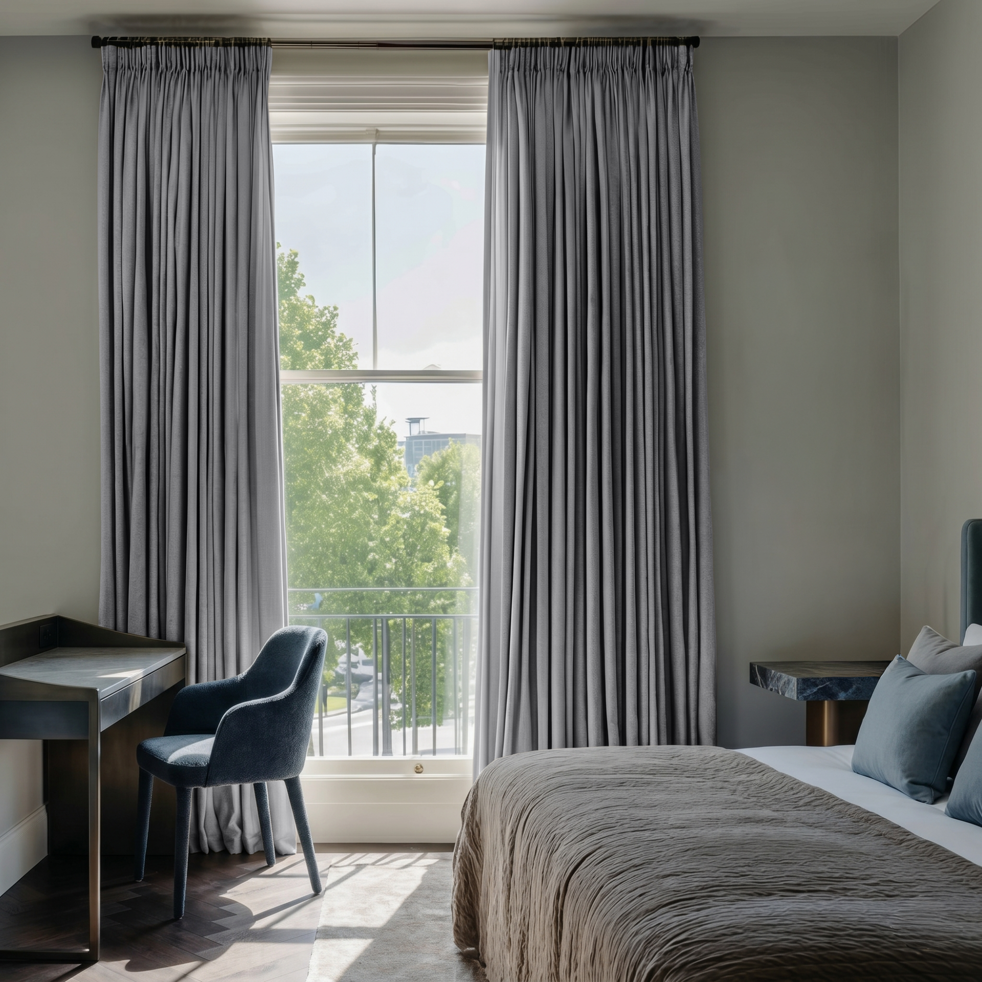 Stone Grey Linen Pencil Pleat Curtains in a Soft Sage Green Bedroom with Minimal Styling - Cotton Lining