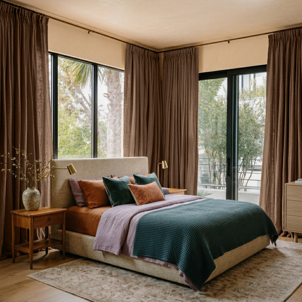 Tawny Brown Linen Pencil Pleat Bedroom Curtains in a Cozy Corner Bedroom with Teal Accents