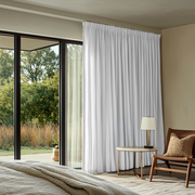 White Linen Pencil Pleat Bedroom Curtains in a Warm Neutral Bedroom with Cream Bedding - Cotton Lining