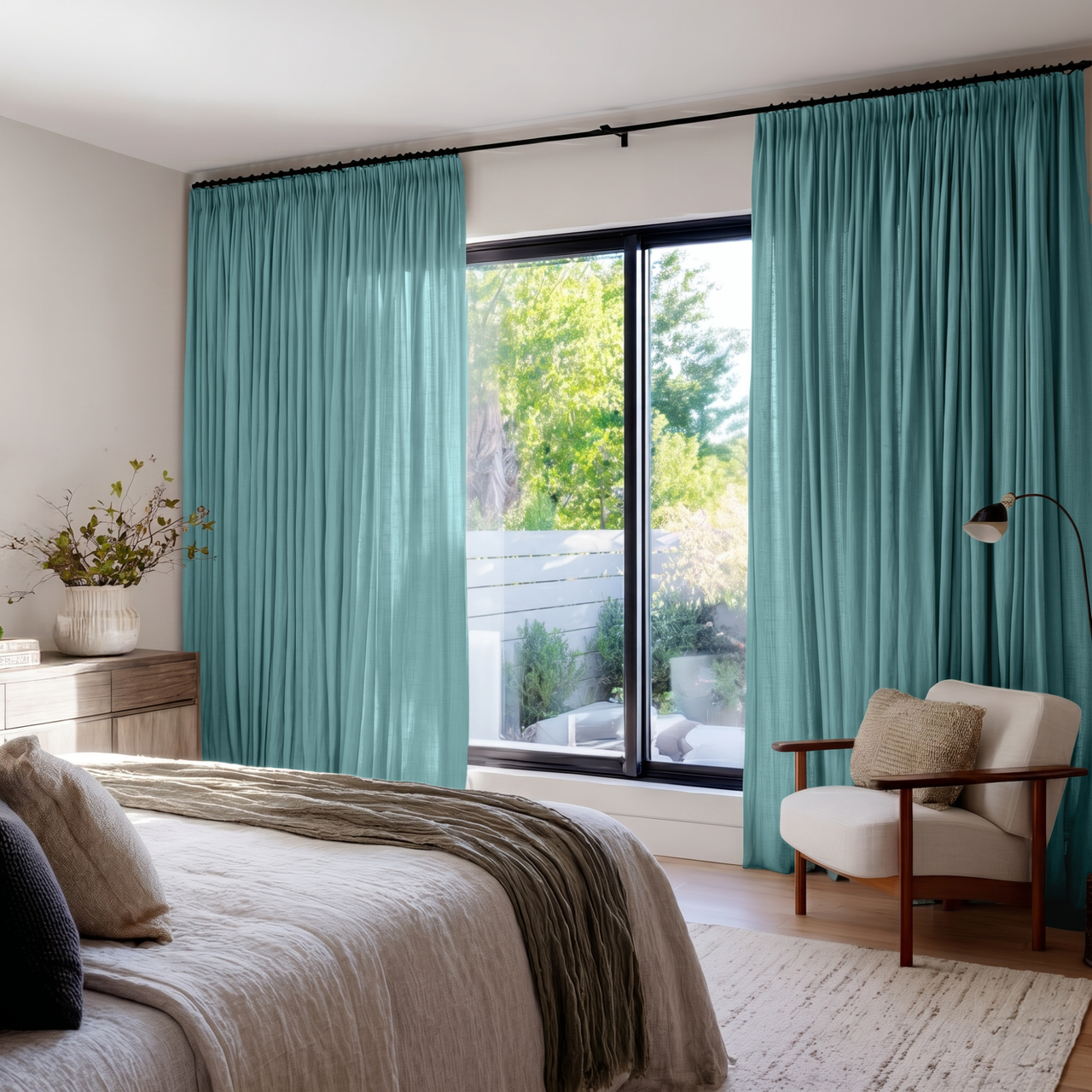 Aquamarine Blue Linen Pencil Pleat Curtains in a Bright Minimal Bedroom with Soft Cream Tones