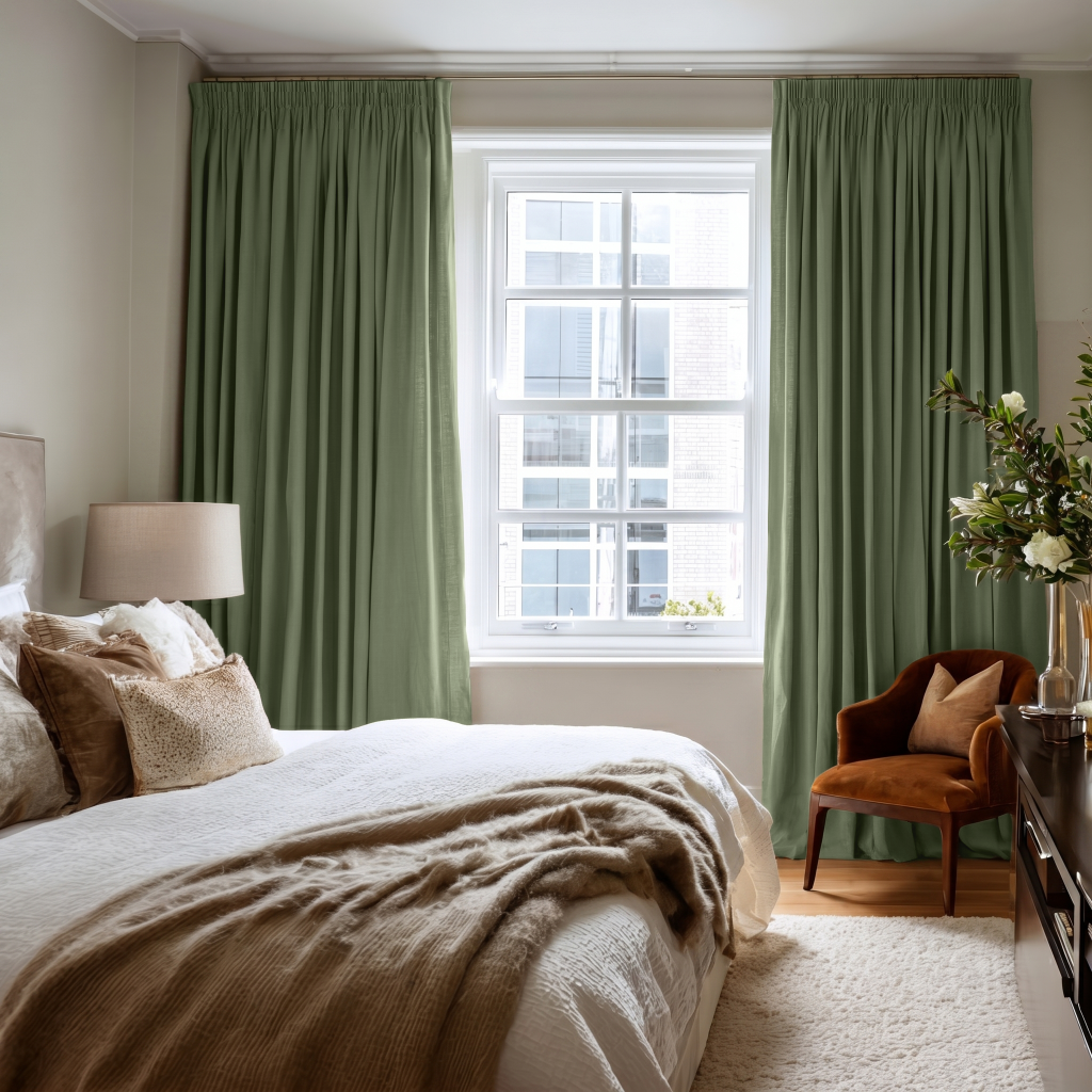 Asparagus Green Linen Pencil Pleat Curtains in a Calm Minimal Bedroom with Beige Tones