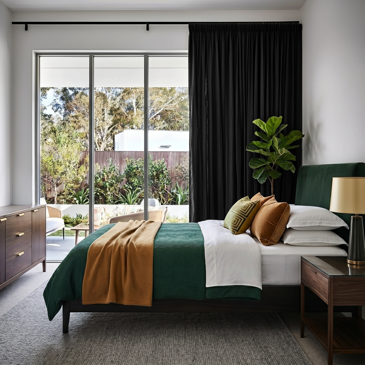 Black Linen Pencil Pleat Curtains in a Crisp White Bedroom with Deep Green Accents 
