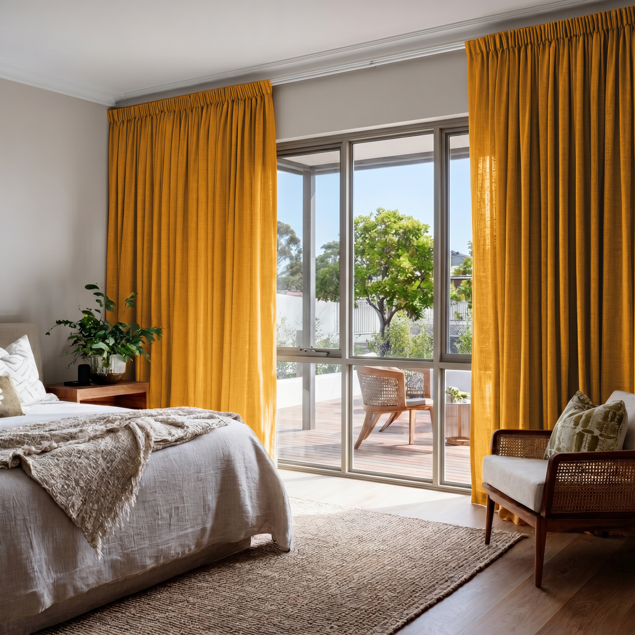 Mustard Yellow Linen Pencil Pleat Bedroom Curtains in a Sunlit Neutral Bedroom with Layered Beige Bedding