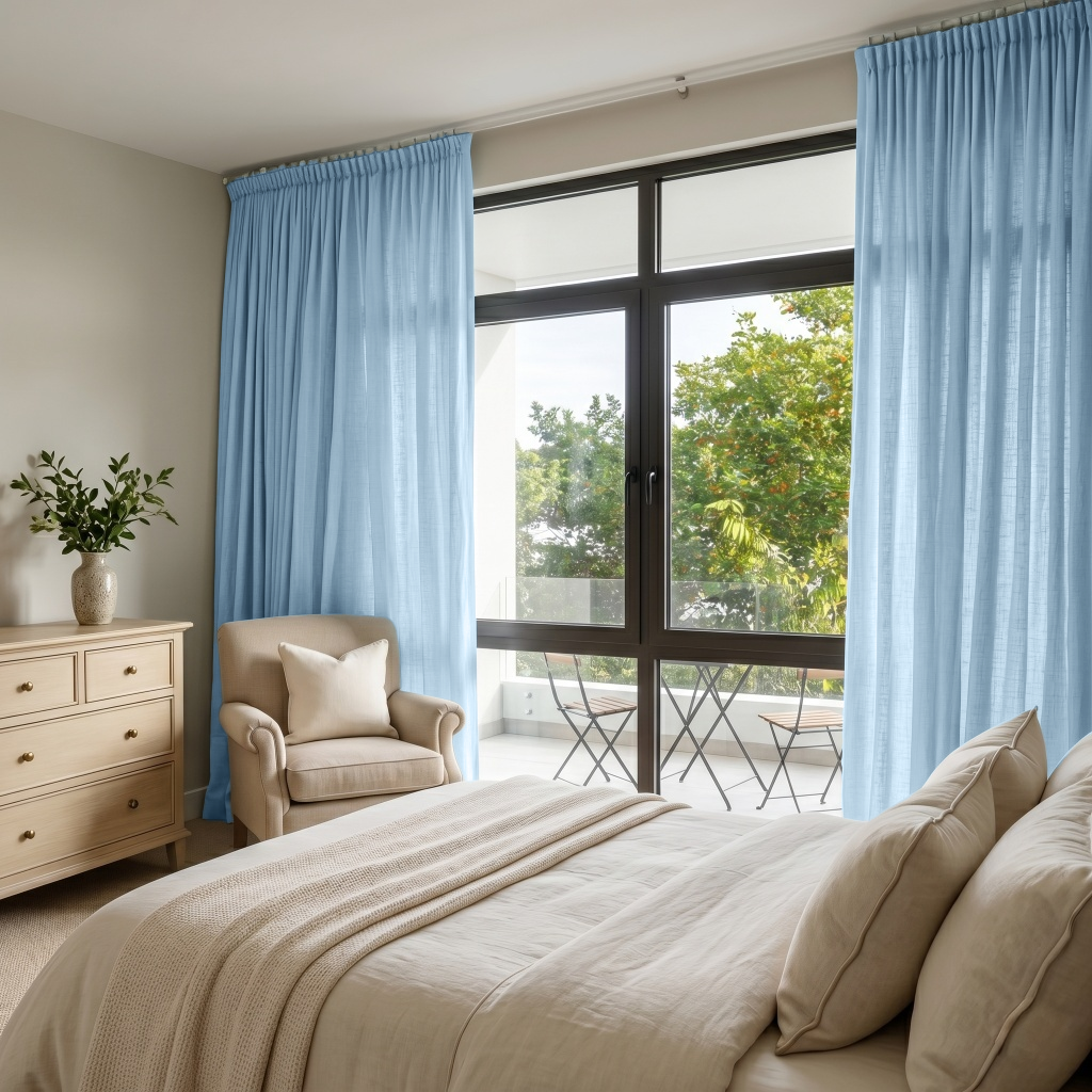 Sky Blue Linen Pencil Pleat Bedroom Curtains in a Bright Neutral Bedroom with Cream Walls