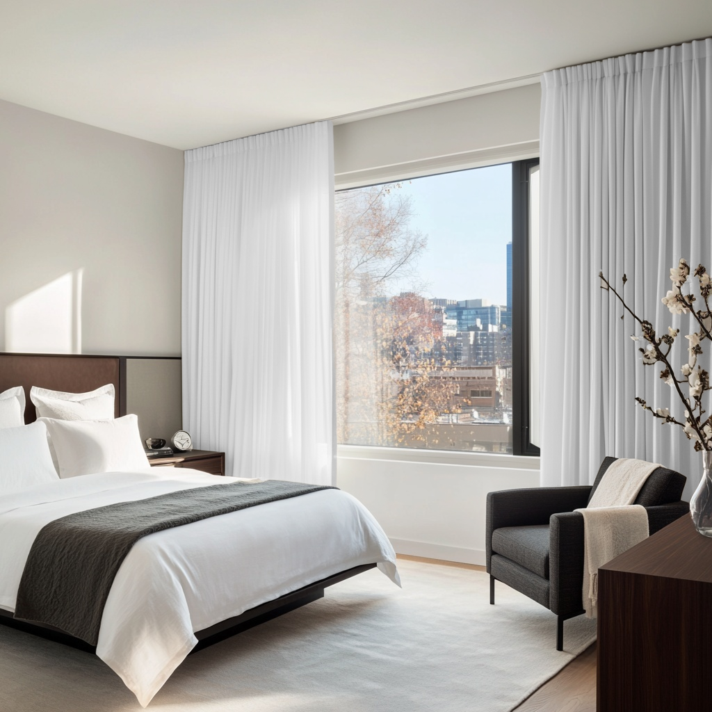 White Linen Pencil Pleat Bedroom Curtains in a Minimal Bedroom with Soft Greige Walls and Black Accents