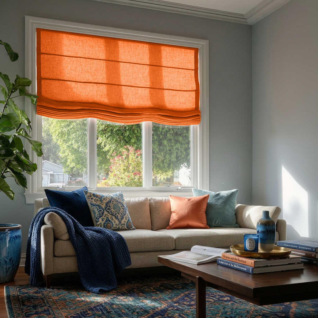 Burnt Orange Linen Relaxed Roman Shades - Cotton Lining