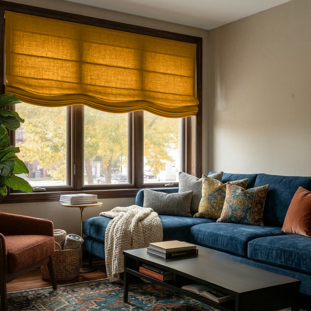 Mustard Yellow Linen Relaxed Roman Shade - Cotton Lining