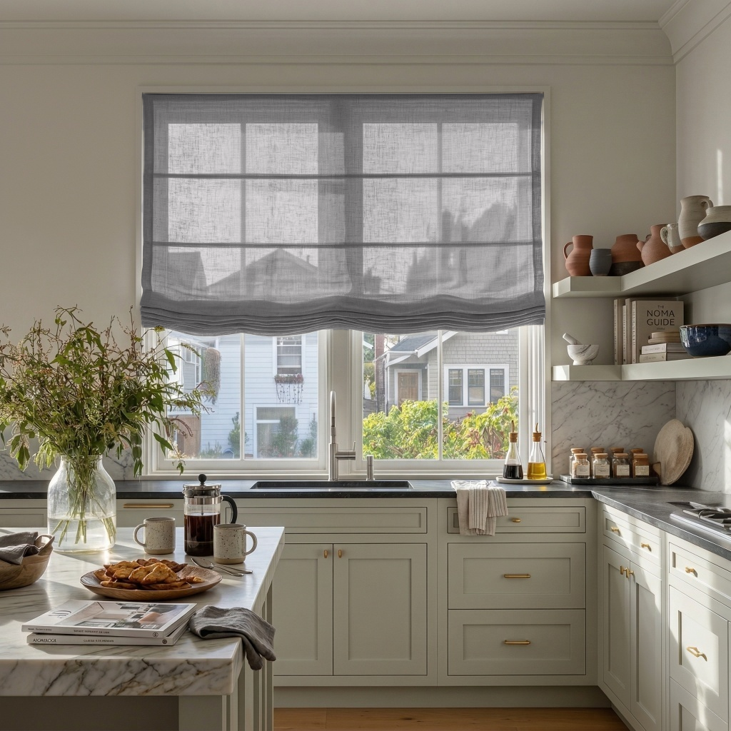 Stone Grey Linen Relaxed Roman Shades