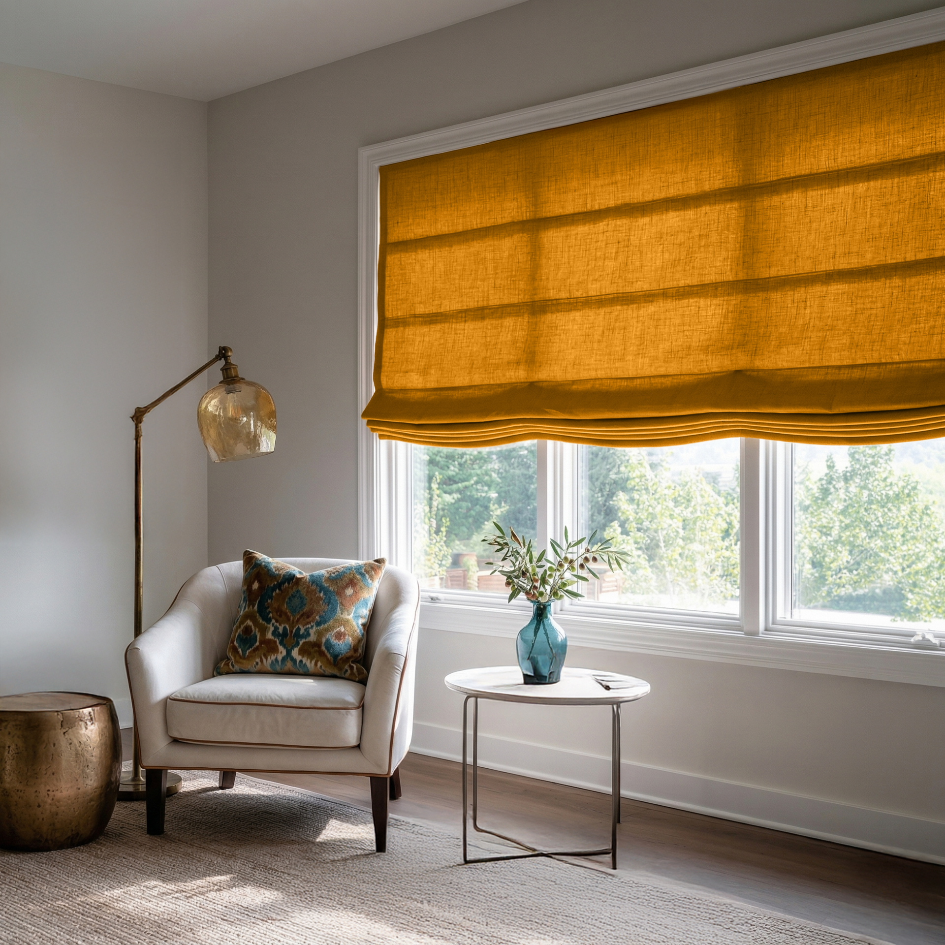 Mustard Yellow Linen Relaxed Roman Shade - Cotton Lining