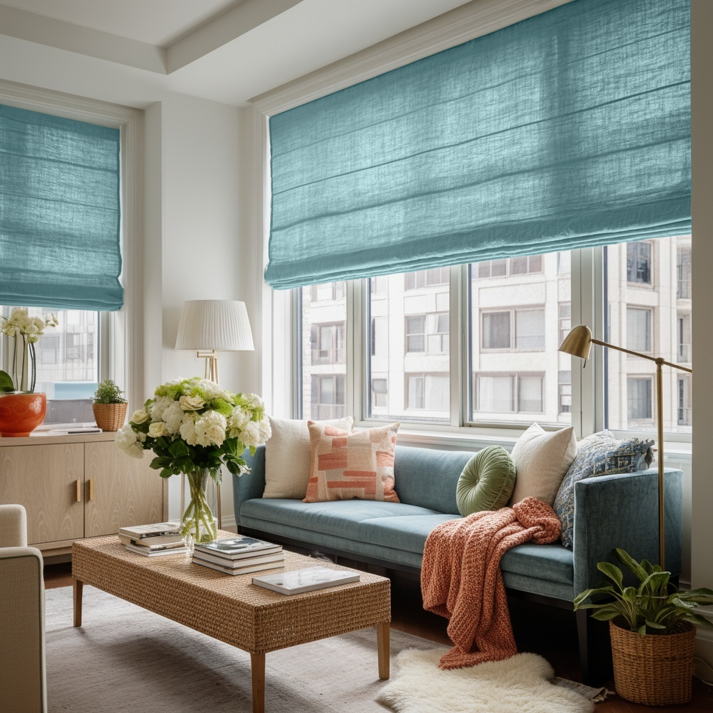 Aquamarine Linen Roman Shades