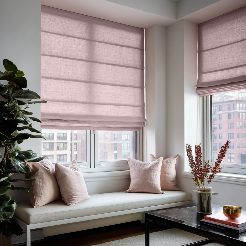Dusty Pink Linen Roman Shades - Cotton Lining
