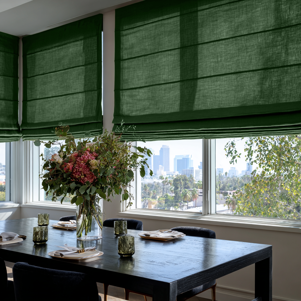 Forest Green Linen Roman Shades