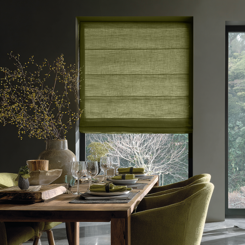 Moss Green Linen Roman Shades - Cotton Lining