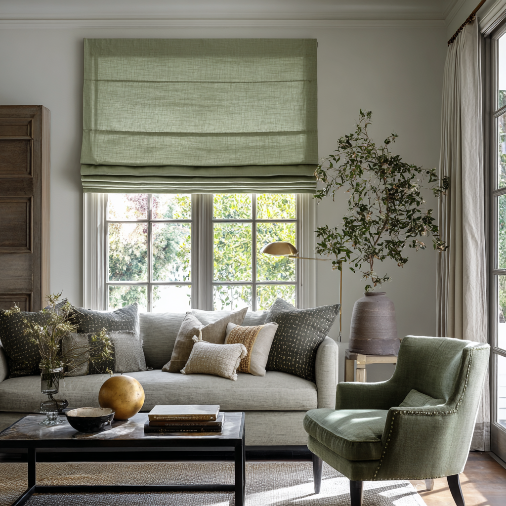 Olive Green Linen Roman Shades - Cotton Lining