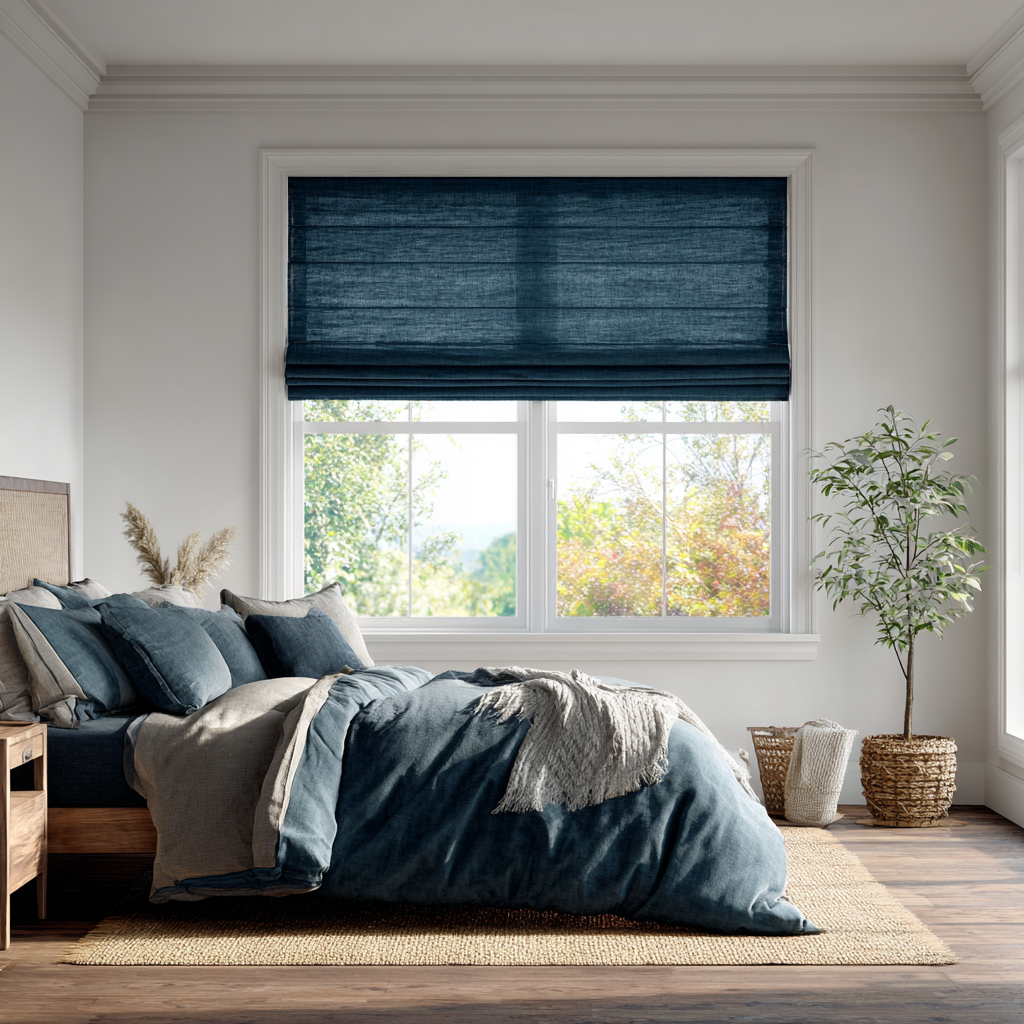 Peacock Blue Linen Roman Shades - Cotton Lining