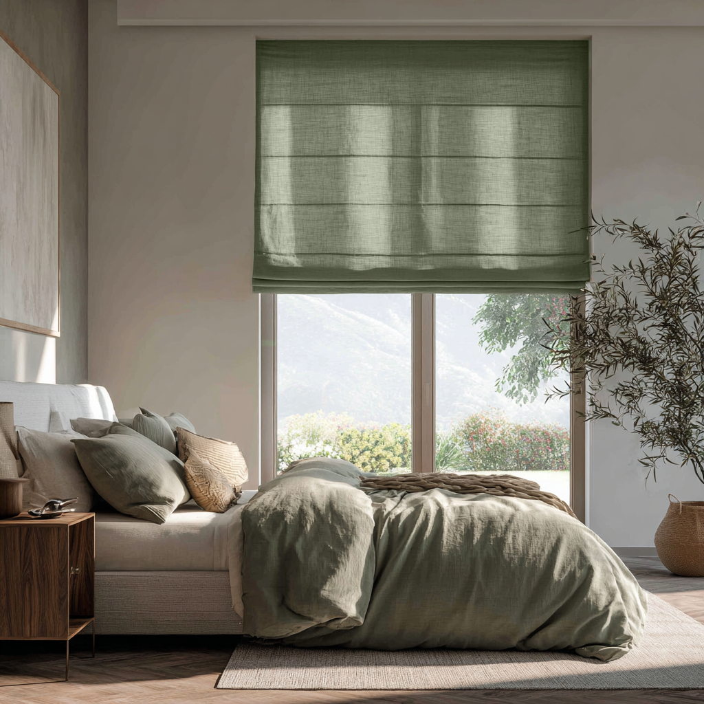 Sage Green Linen Roman Shades - Cotton Lining