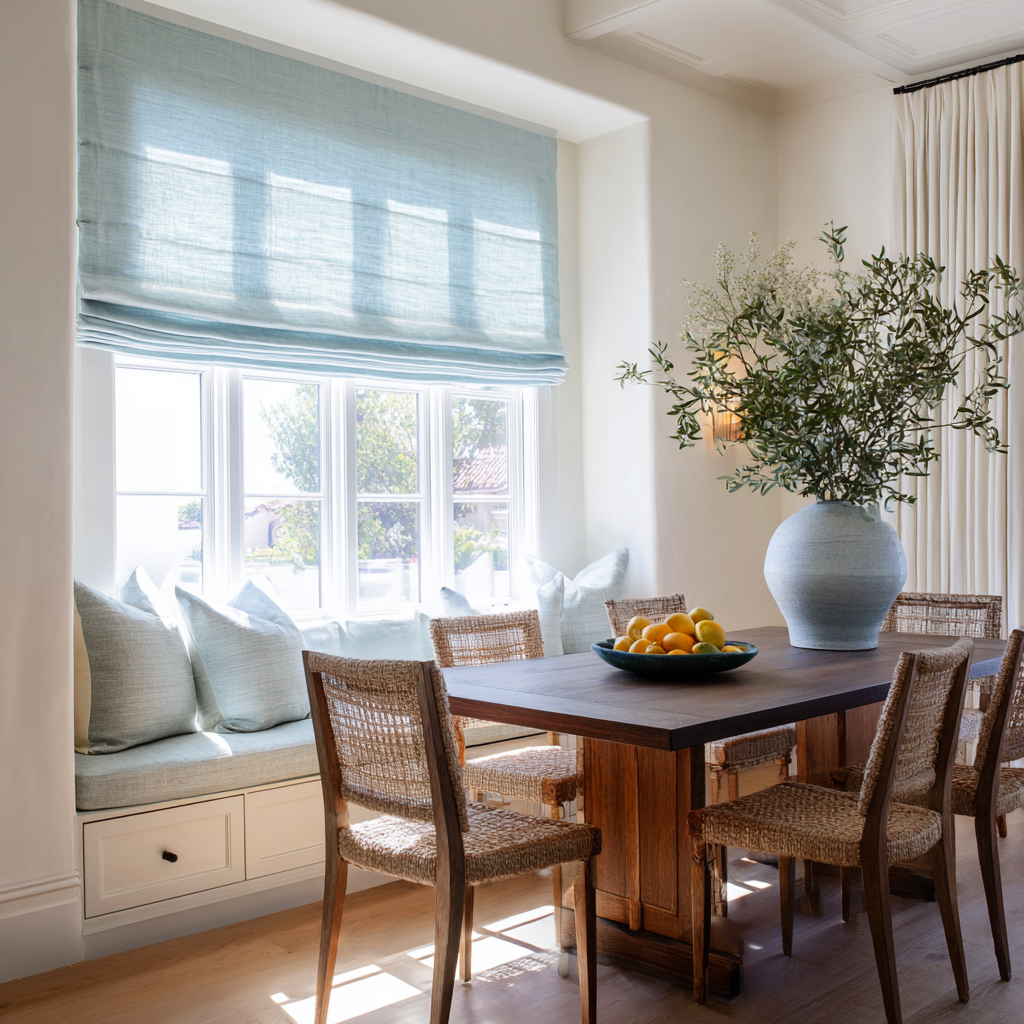 Sky Blue Linen Roman Shades - Cotton Lining