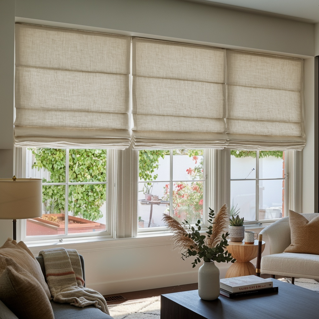 Cream Linen Roman Shades - Cotton Lining