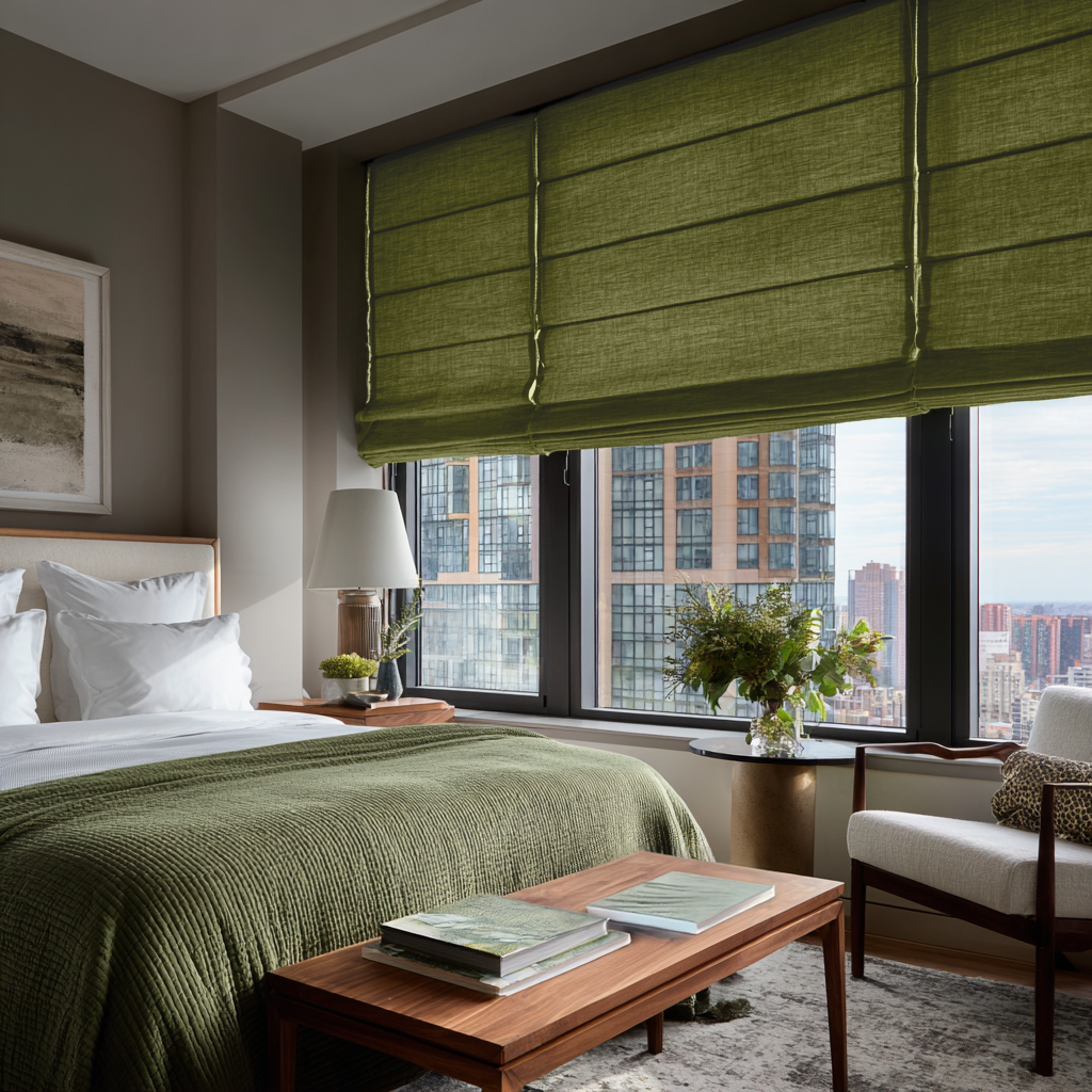 Moss Green Linen Roman Shades - Cotton Lining