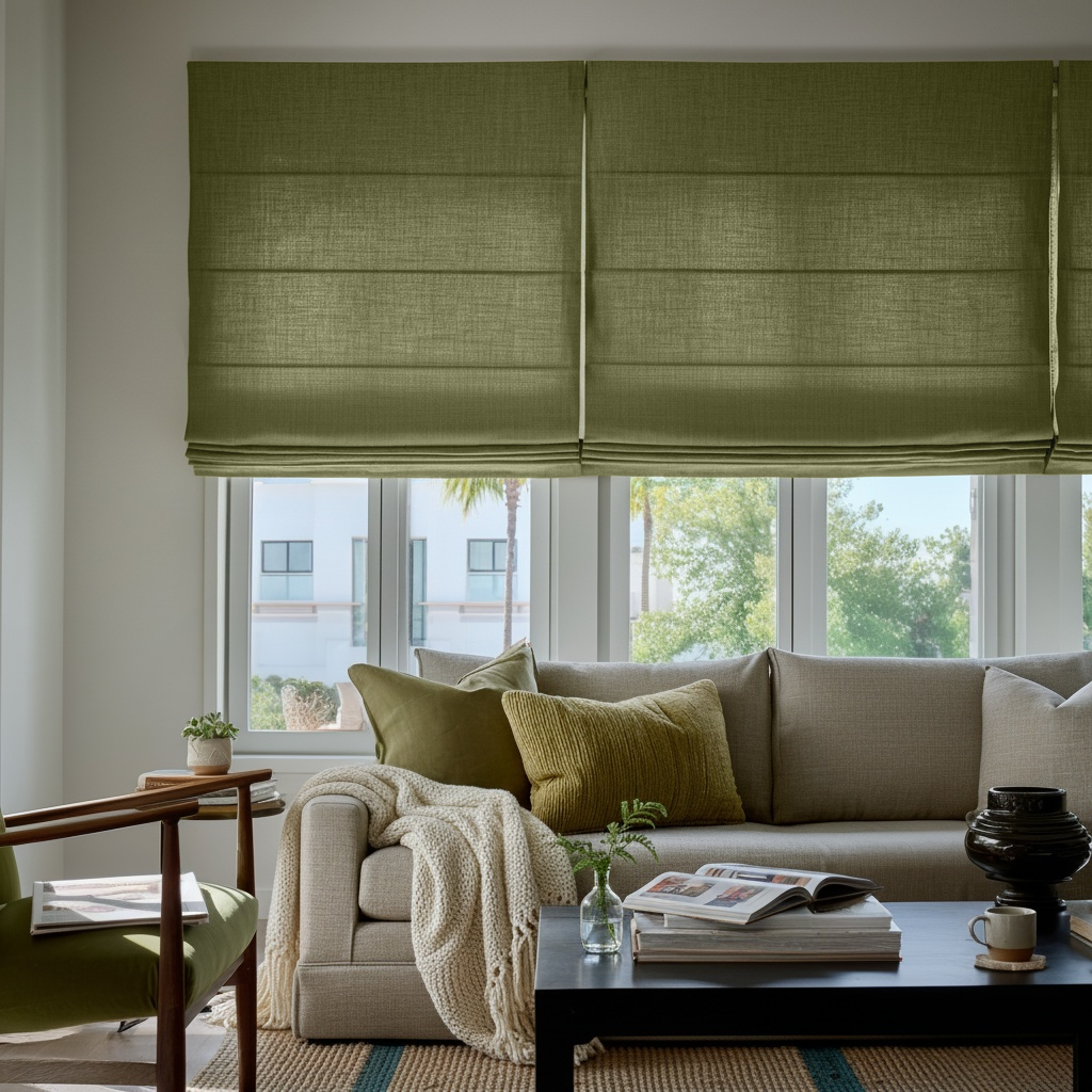 Olive Green Linen Roman Shades - Cotton Lining