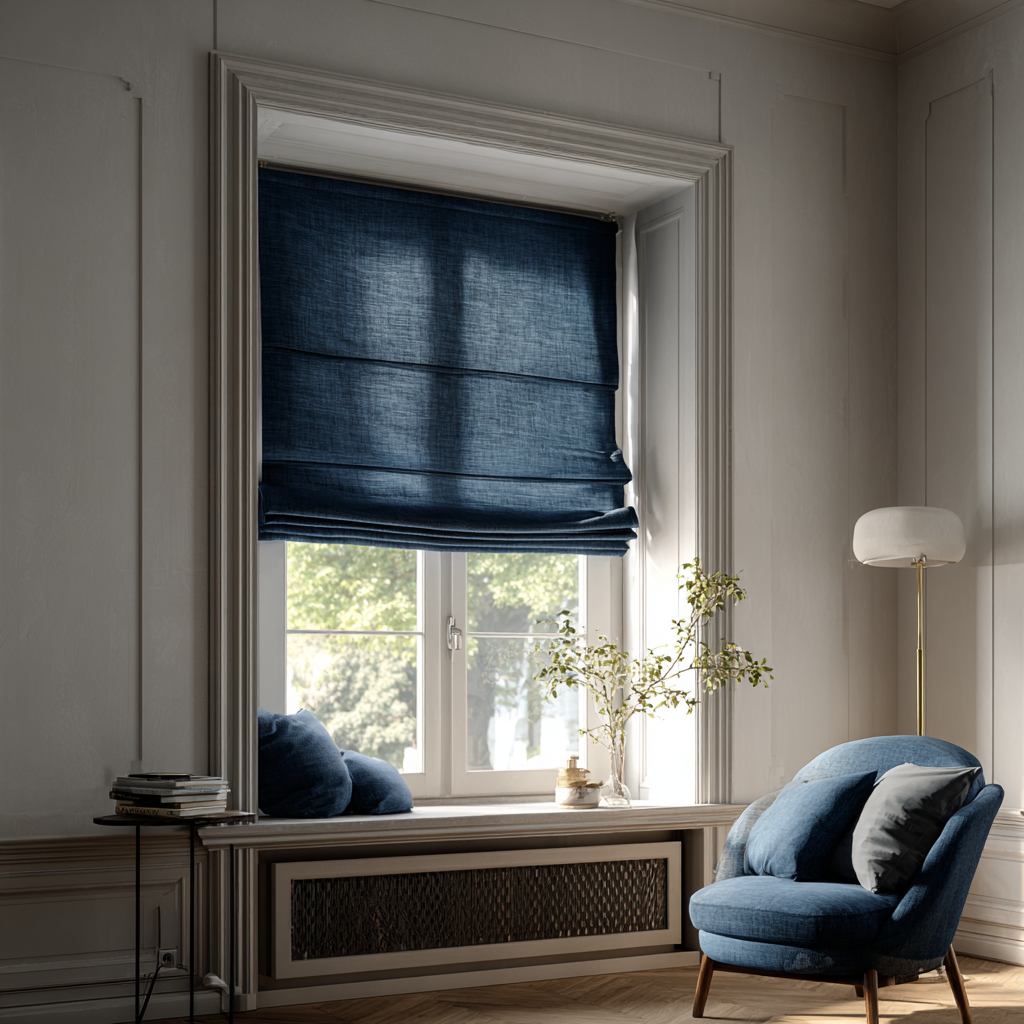 Peacock Blue Linen Roman Shades - Cotton Lining