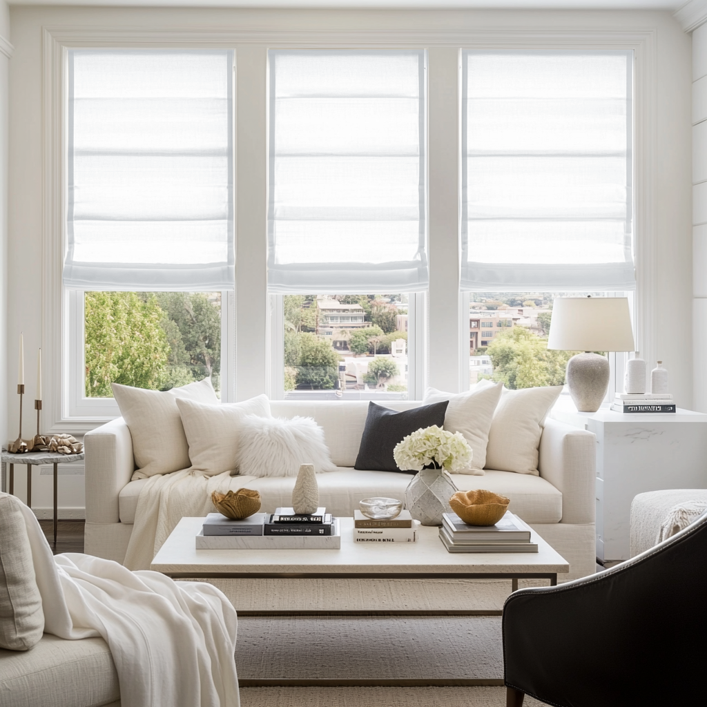 White Linen Roman Shades - Cotton Lining