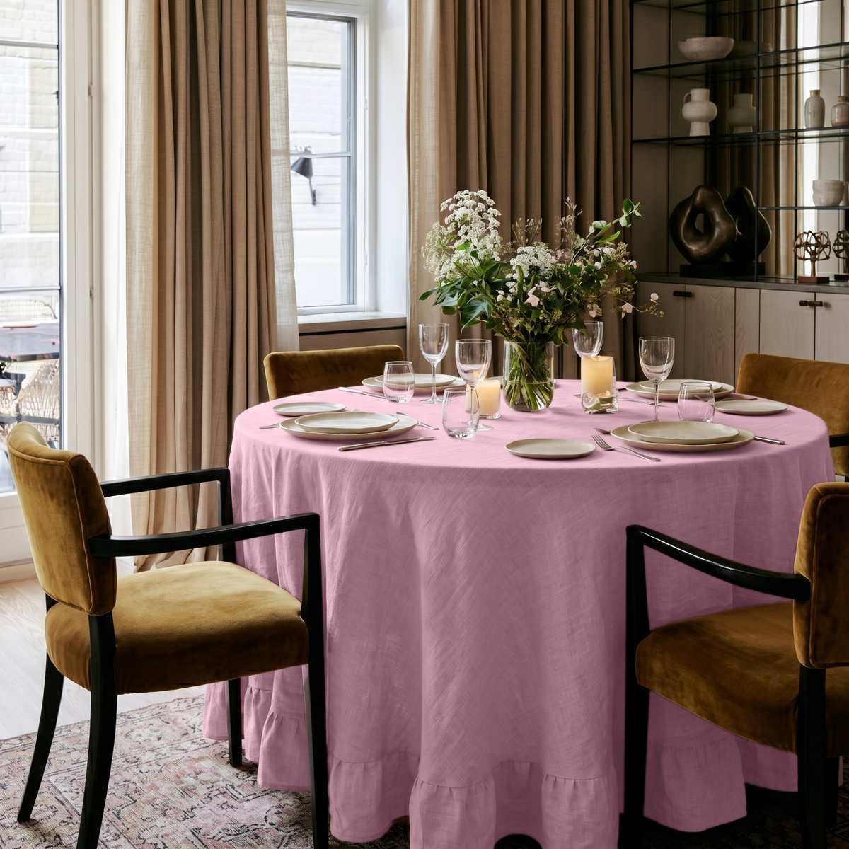 Dusty Rose Linen Round Ruffle Tablecloth in an Elegant Dining Room with Taupe Drapery