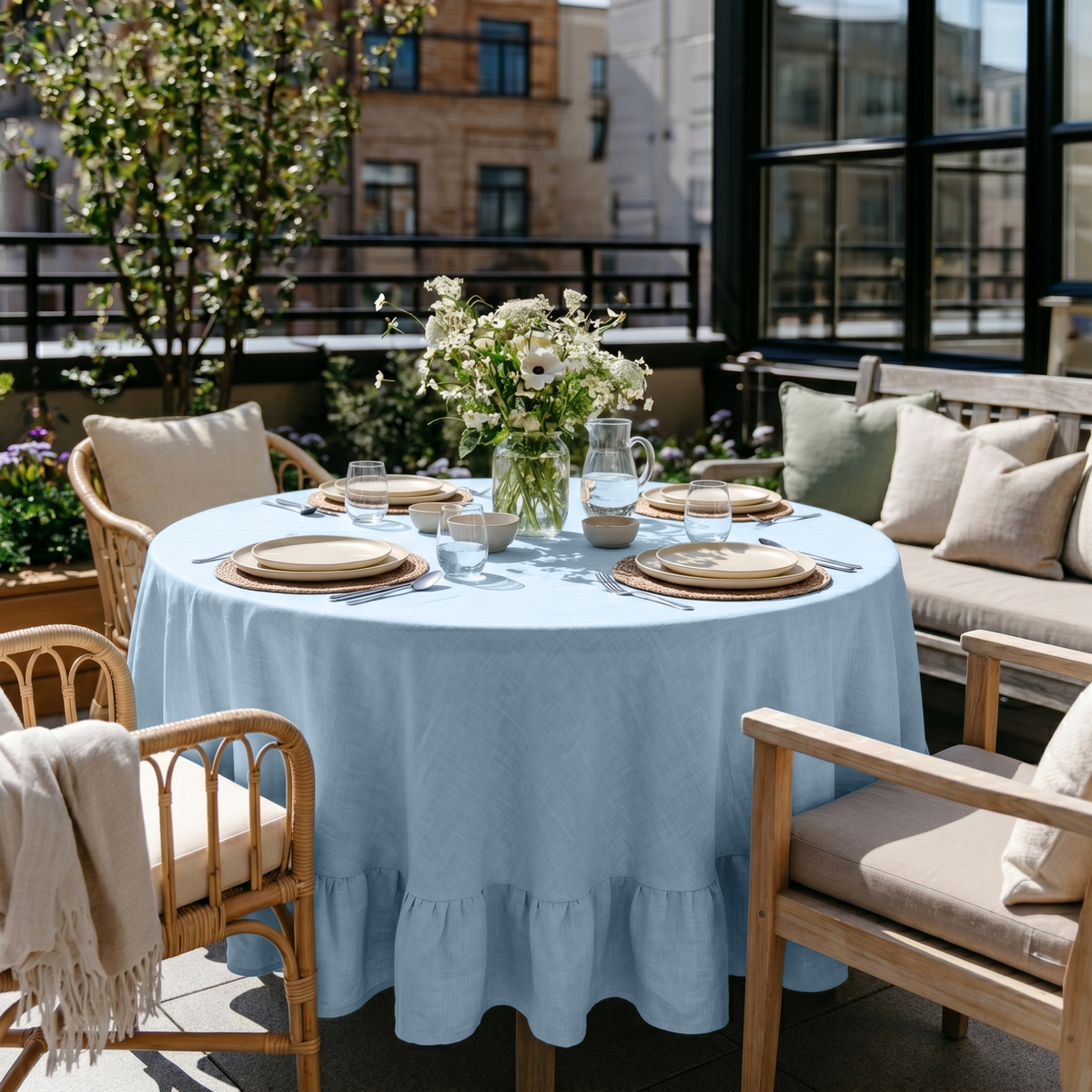 Sky Blue Linen Round Ruffle Tablecloth in an Outdoor Patio Dining Space with Light Wood