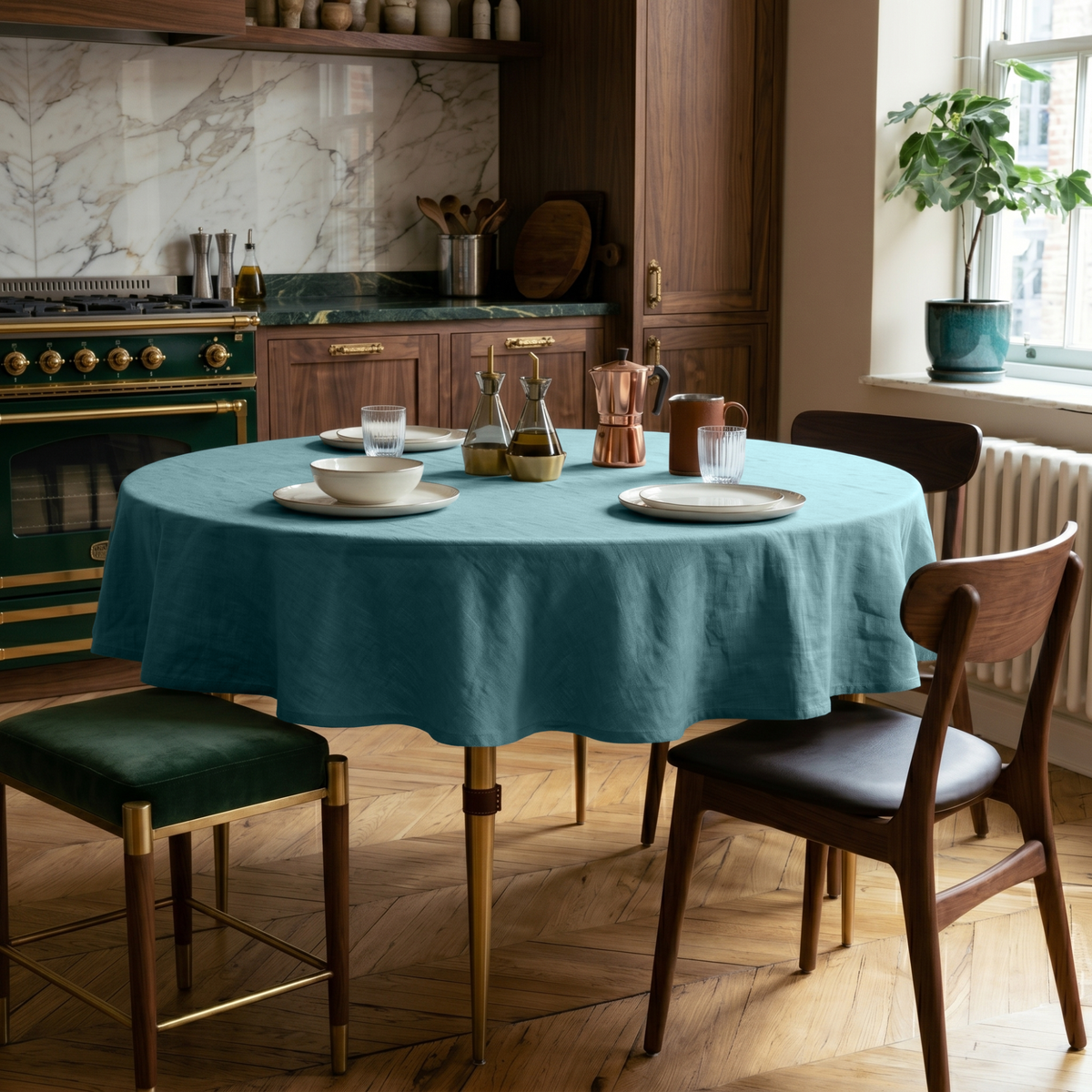 Aquamarine Blue Linen Round Tablecloth in a Classic Kitchen Dining Area with Marble Backsplash and Walnut Wood