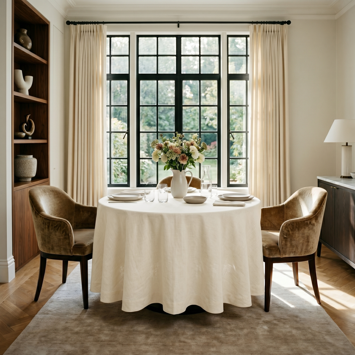 Cream Linen Round Tablecloth in an Elegant Dining Room with Cream Walls and Warm Taupe Velvet Chairs