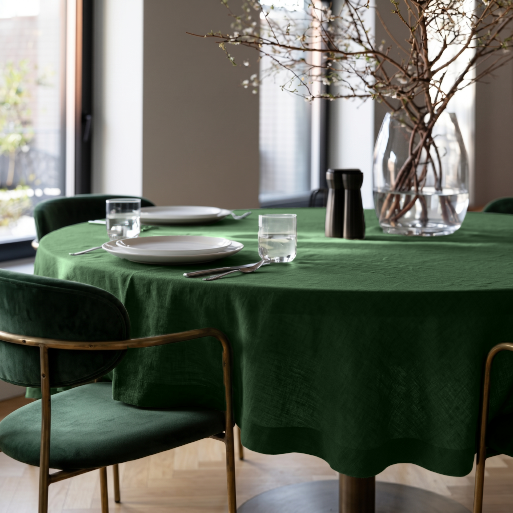 Forest Green Linen Round Tablecloth in a Modern Dining Room with Warm Taupe Walls and Deep Green Velvet Chairs