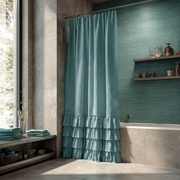 Aquamarine Blue Linen Ruffle Shower Curtain in a Contemporary Bathroom with Deep Teal Tile Walls and Warm Grey Accents