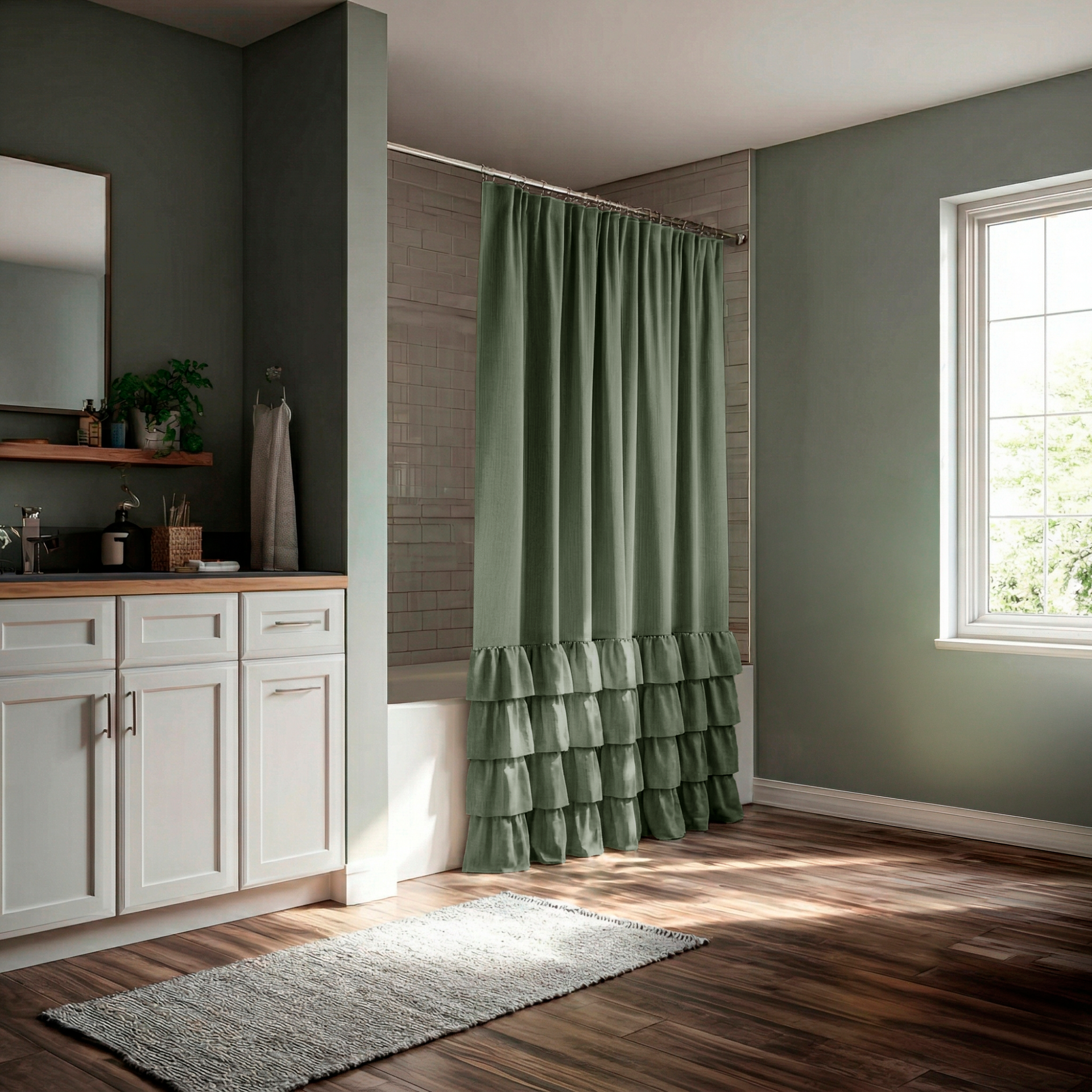 Asparagus Green Linen Ruffle Shower Curtain in a Transitional Bathroom with Soft Sage-Grey Walls