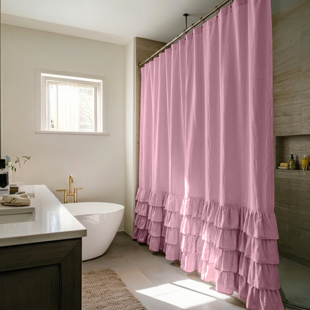 Dusty Rose Linen Ruffled Shower Curtain
