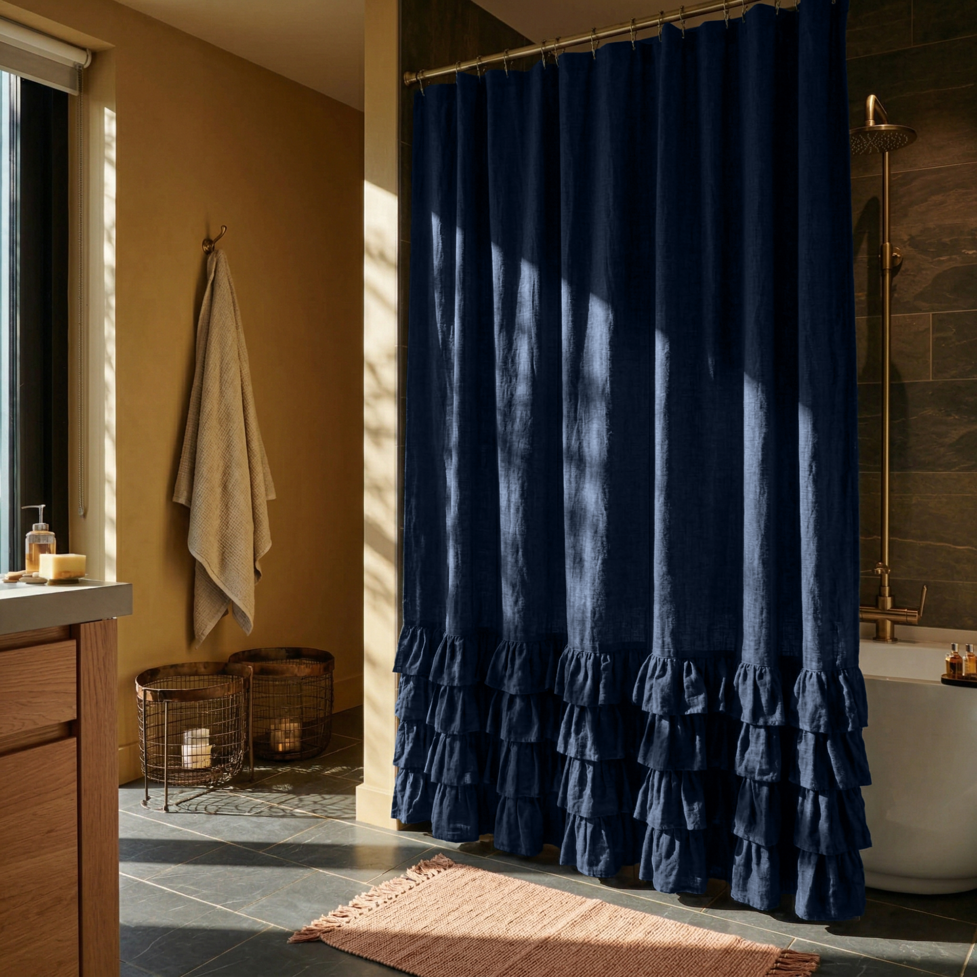 Royal Blue Linen Ruffled Shower Curtain